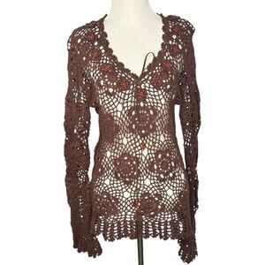 Y2K Crocheted Beaded Bell Long Sleeve Tunic Top Blouse Fairy Festival